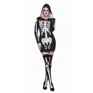 Spirit Halloween Skeleton Lady Costume Adult Large Hooded Dress & Thigh Highs